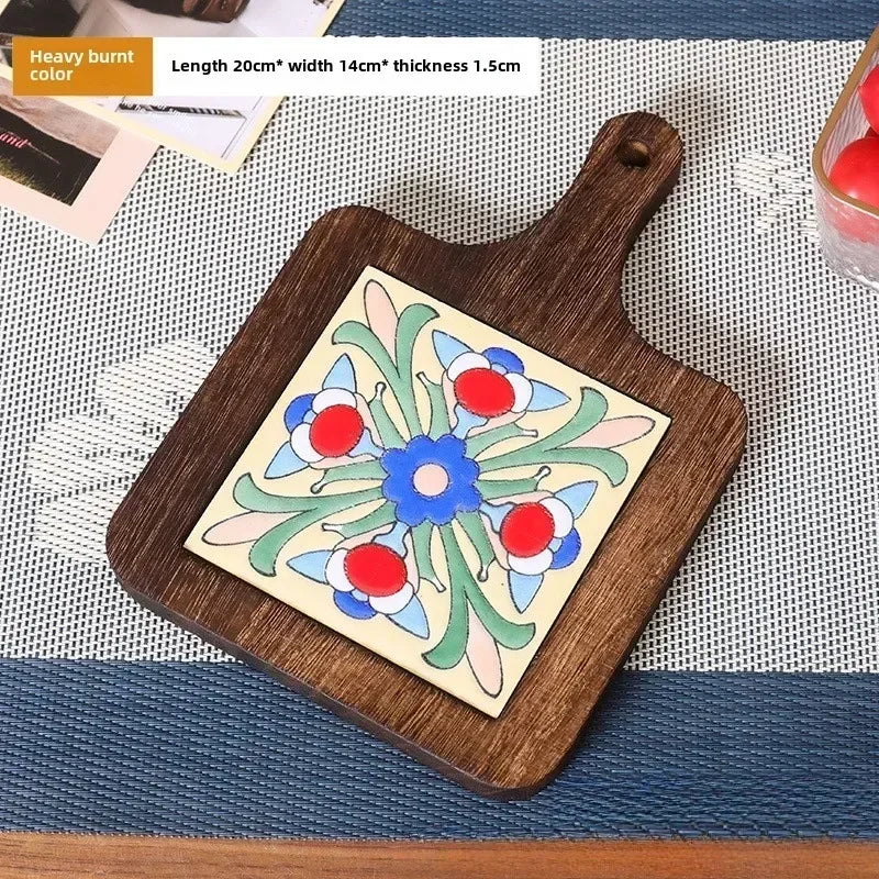 Hot Japanese Restaurant Retro Solid Wood Tile Handle Pot Pad Wooden Anti Scald Plate Pad Household Casserole Insulation Wood Pad Zpaxo