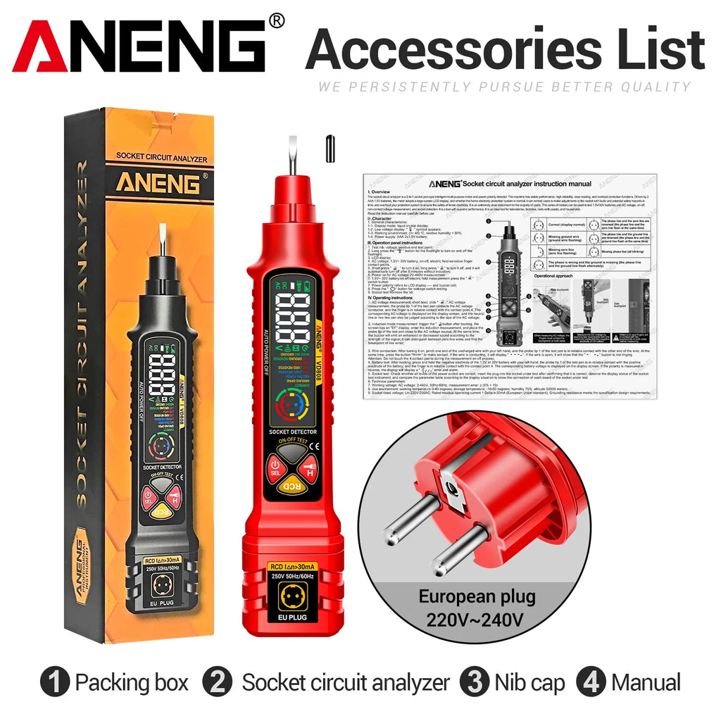 ANENG VD808 Socket Phase Meter Leakage Test US EU Plug Power Polarity