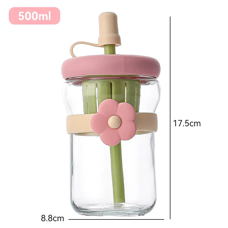 Glass Flower Cartoon Tea Strainer Cold Brew Straw Tumbler Leak-proof Zpaxo Pink-1PC 500ml