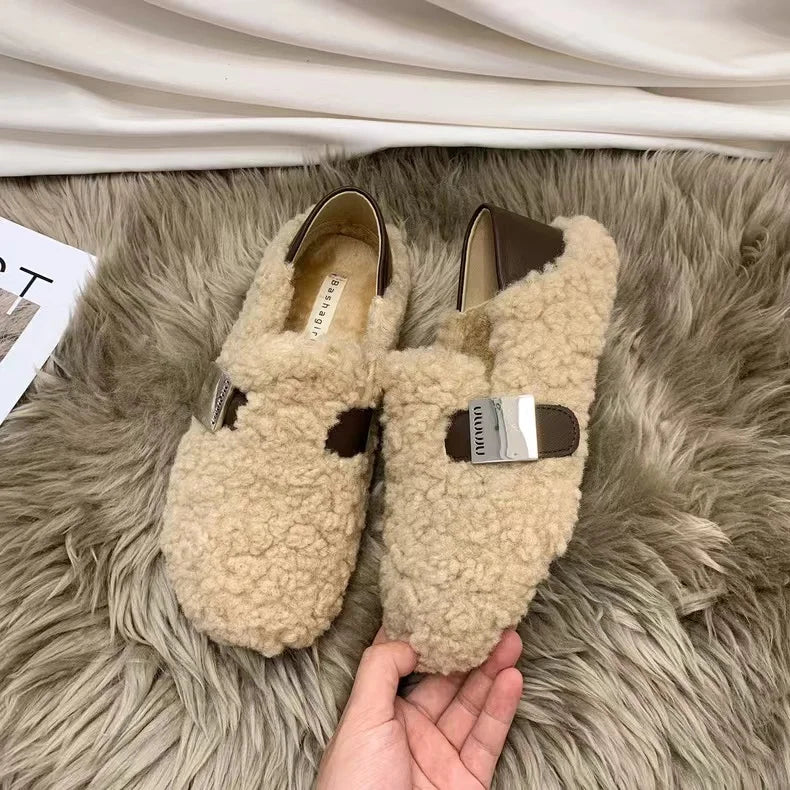 Winter Shoes Women Round Toe Slip-on Female Footwear Loafers Fur Zpaxo 40 Beige