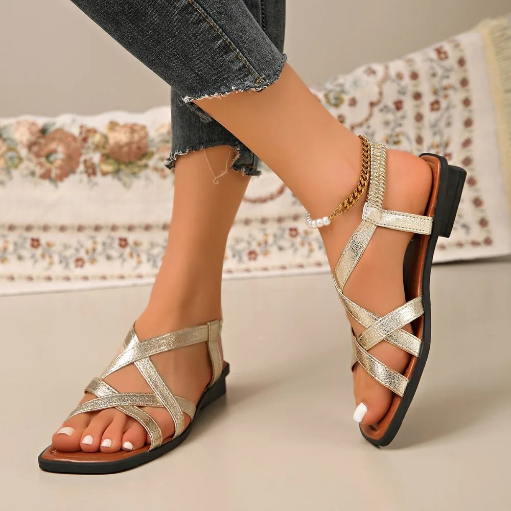 Block Heel Sandals Women's Fashion Square Toe Open Cross Slim Strap