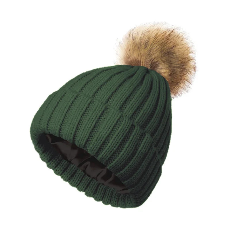 Satin-Lined Knit Beanie | Soft Pom-Pom Winter Hat Unisex