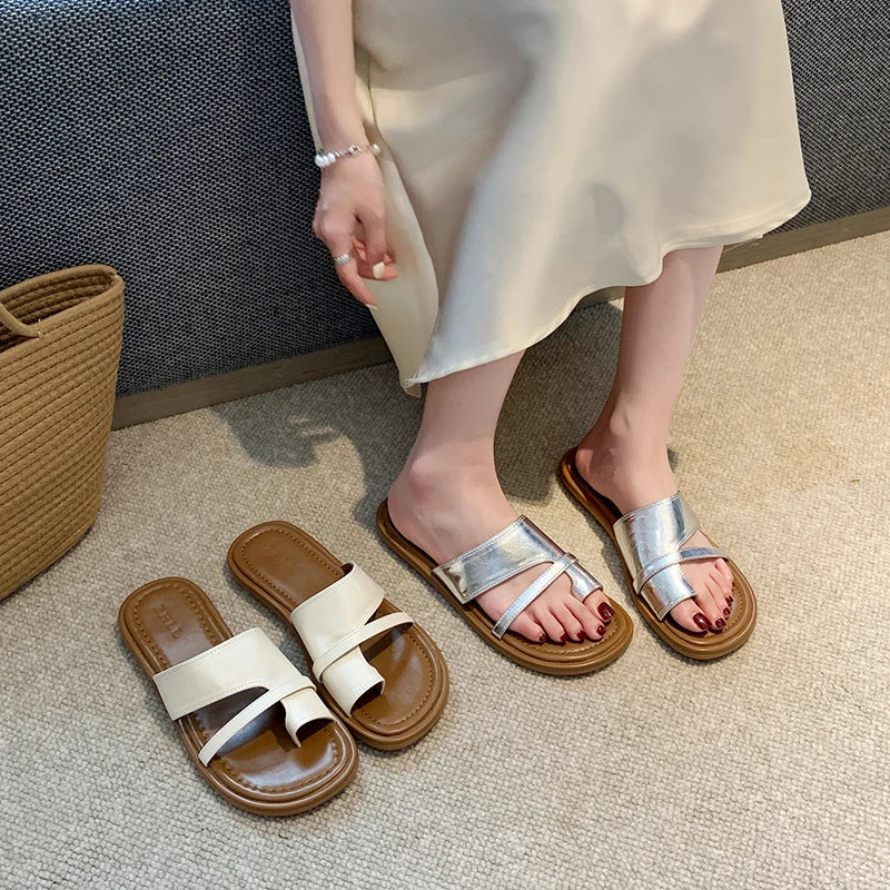 Toe Loop Slide Sandals Flat Heel Casual Summer Slippers Silver Beige Zpaxo