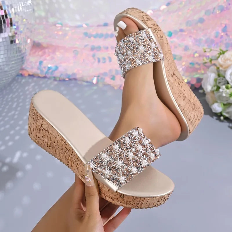 Women's Fish Mouth Open Toe Pearl Embellishment Wedge Heel Slippers Zpaxo Gold 39