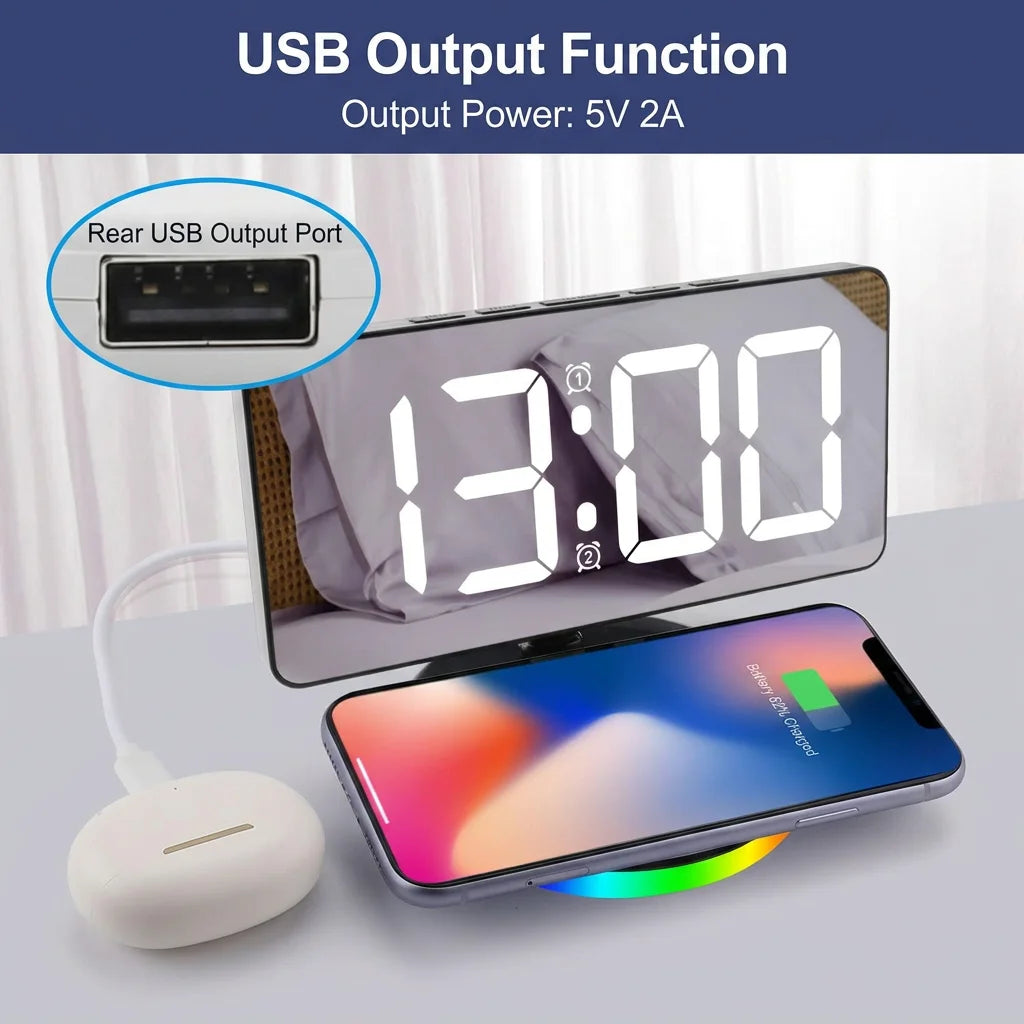 LED Mirror Alarm Clock – 15W Wireless Charging & RGB Night Light