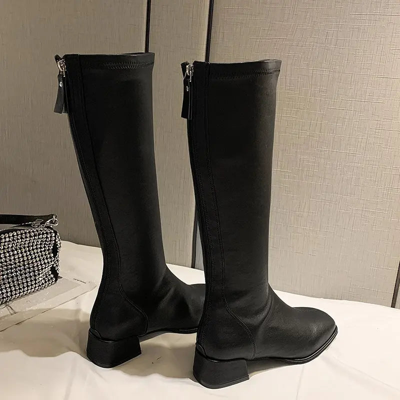 2023 Women Knee Boots Female Leather Knight Ties Lady Heels White Zpaxo black 35(Foot 22.5cm) China Mainland