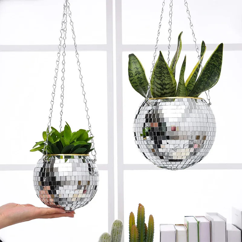Disco Mirror Ball Hanging Flower Pot Basket Indoor Ornament