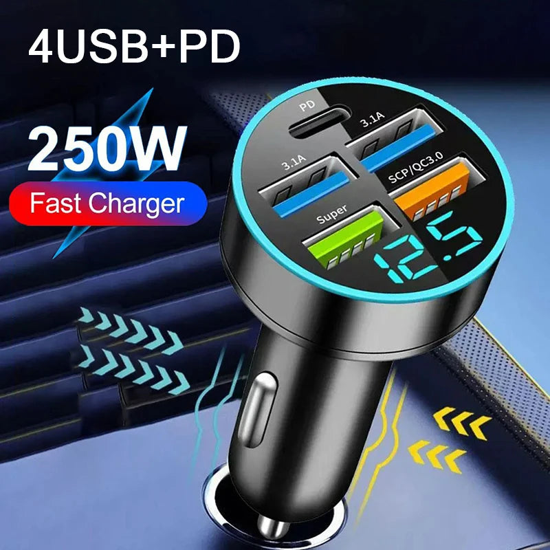 250W 5 Ports Car Charger Fast Charging PD QC3.0 USB C Car Phone Charger Type C Adapter in Car For IPhone Samsung Huawei Xiaomi Zpaxo