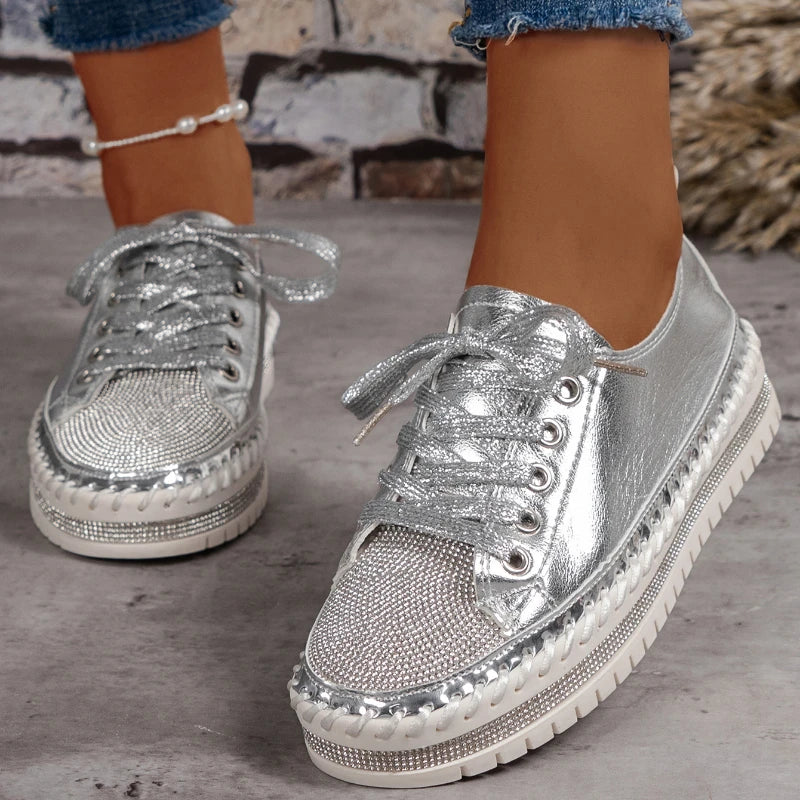 Women Sneakers Round Toe Ballet Flats Platform Shallow Creepers Dress Zpaxo Silver 43