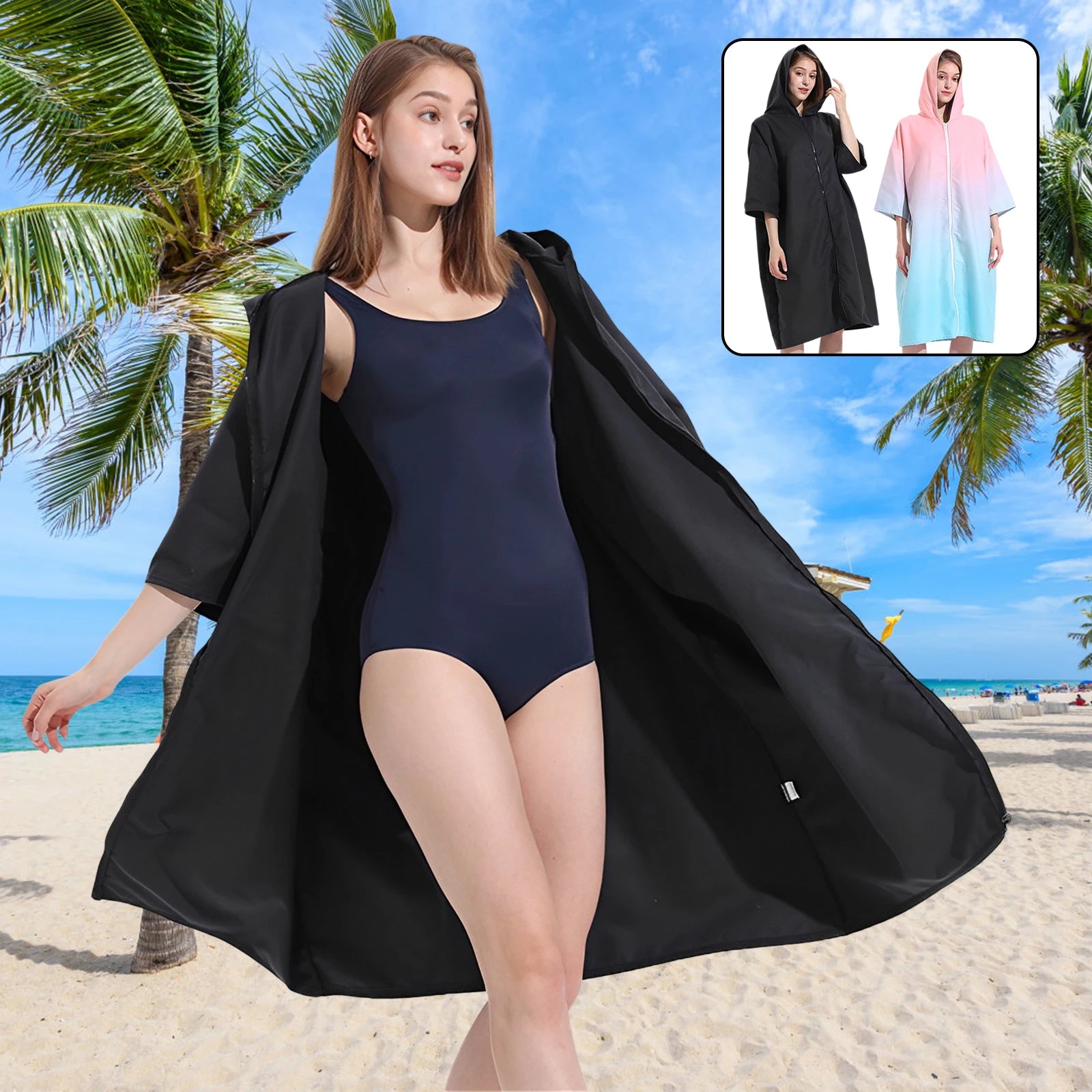 Microfiber Towel Robe Hood Poncho Quick Changing Zipper Short