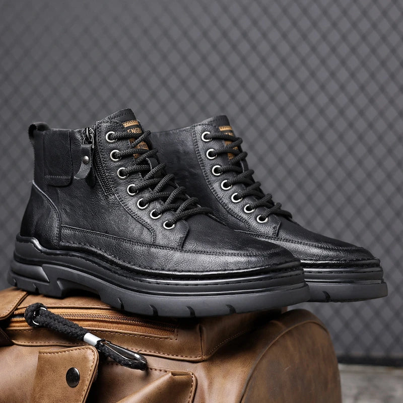 Mens Black Leather Platform Ankle Boots Side Zipper Lace Up Chunky Zpaxo