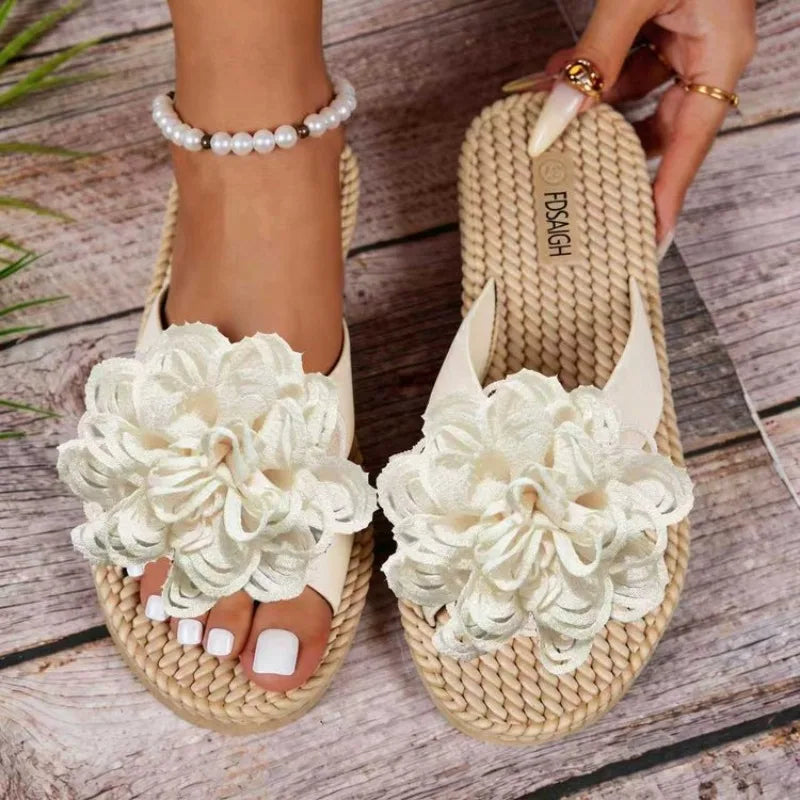 Women's Clip-toe Flower Embellishment Vintage Slippers Women Zpaxo Beige 37