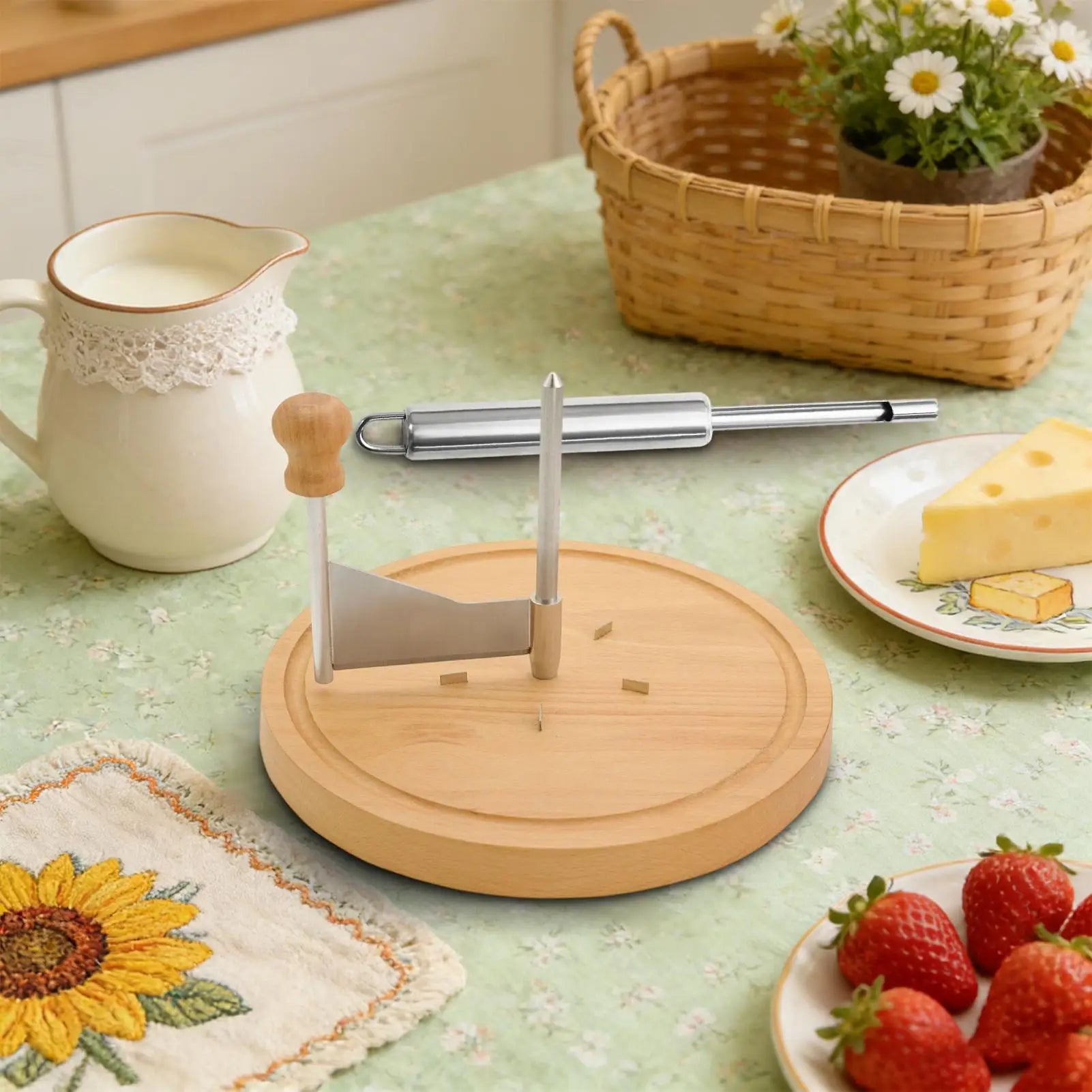 Cheese Curler Wheel Stainless Steel Wood Base Smooth Shaving Manual Handheld Cheese Flower Maker Slicer for Restaurant Cafe Home Zpaxo