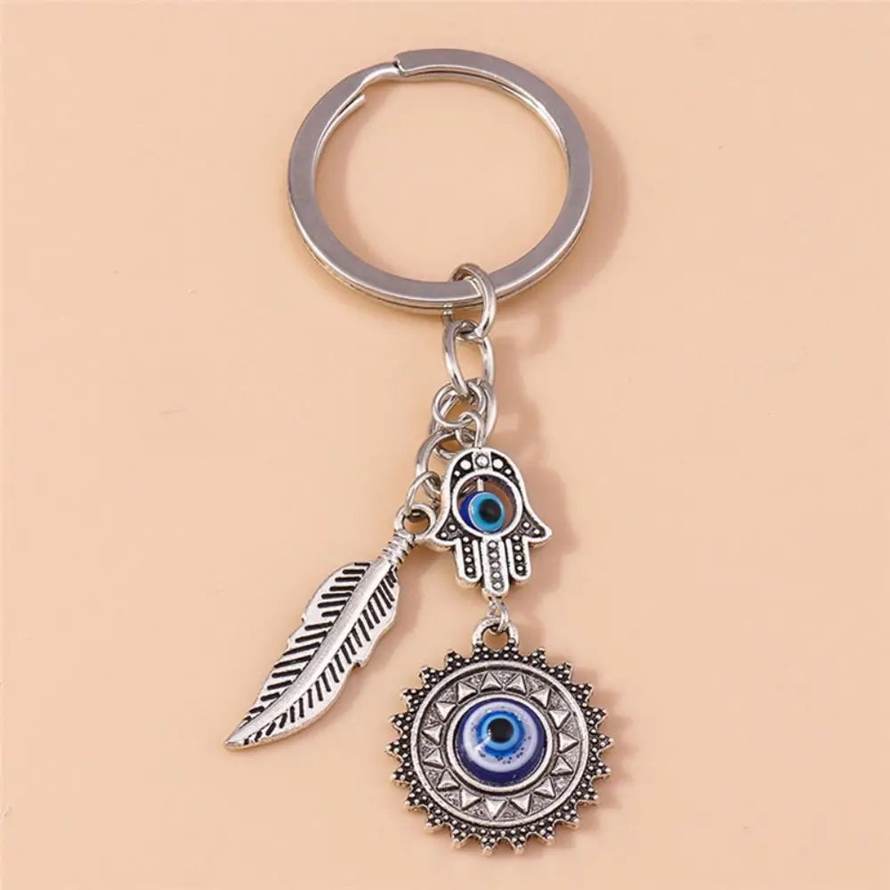 Fashion Retro Feather Chain Good Lucky Palm Ornament Key Ring Car Key Pendant Demon Eye Key Chain Zpaxo A