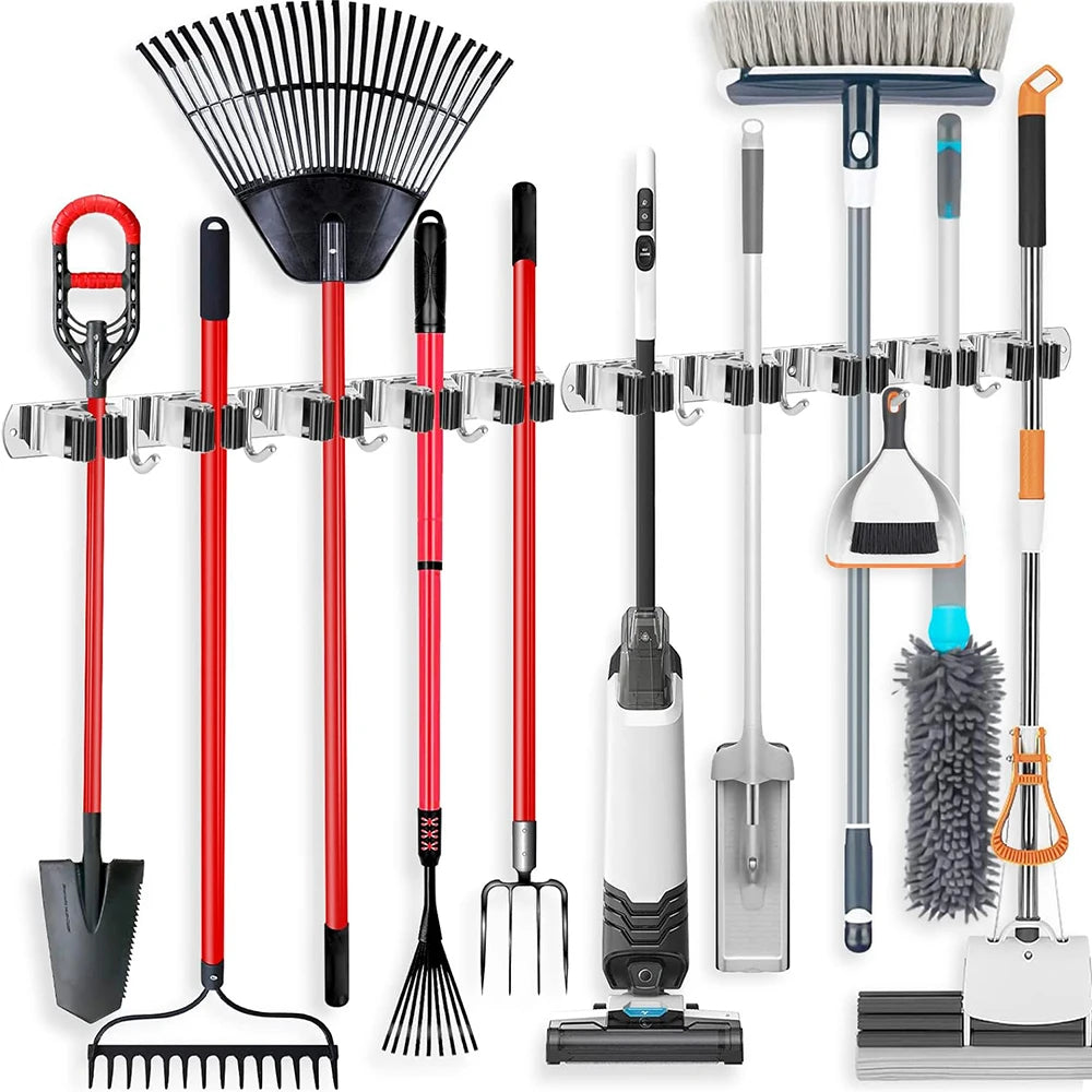 Stainless Steel Mop and Broom Holder Wall Mounted Multi-Functional Bathroom Kitchen Storage Rack Garage Garden Tools Organizer Zpaxo