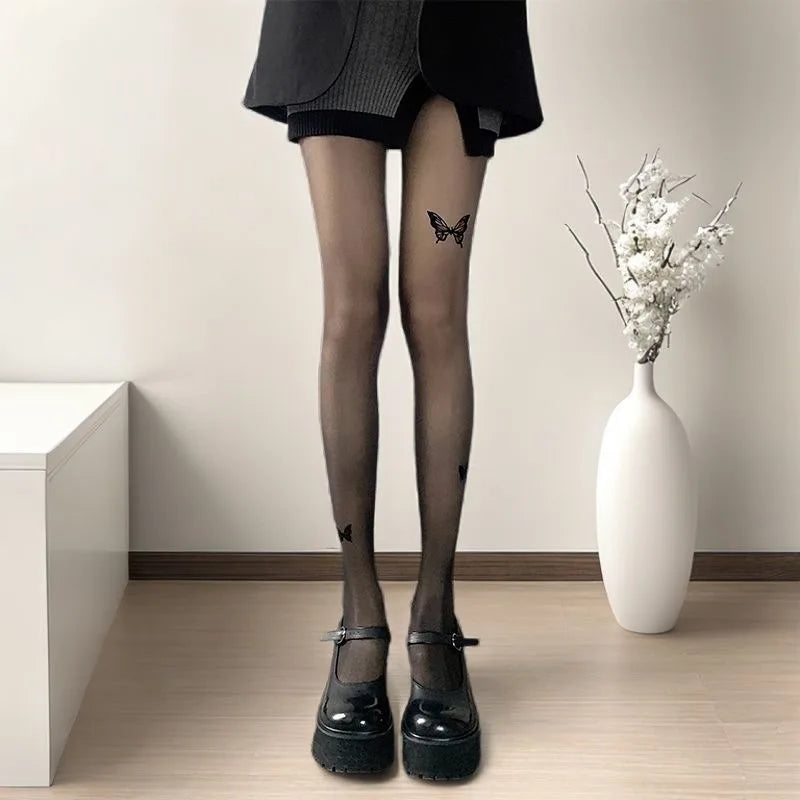 Sexy Women Black Tights Vintage Y2K Butterfly Print Transparent Silk Zpaxo style-B One Size