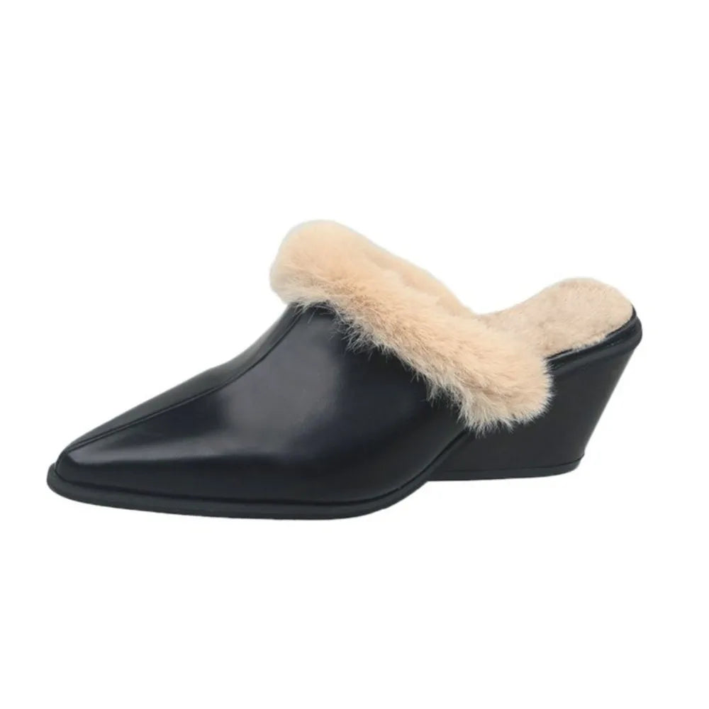 Non-slip Women 2025 Winter Baotou Half Slippers Block Heel Pointed