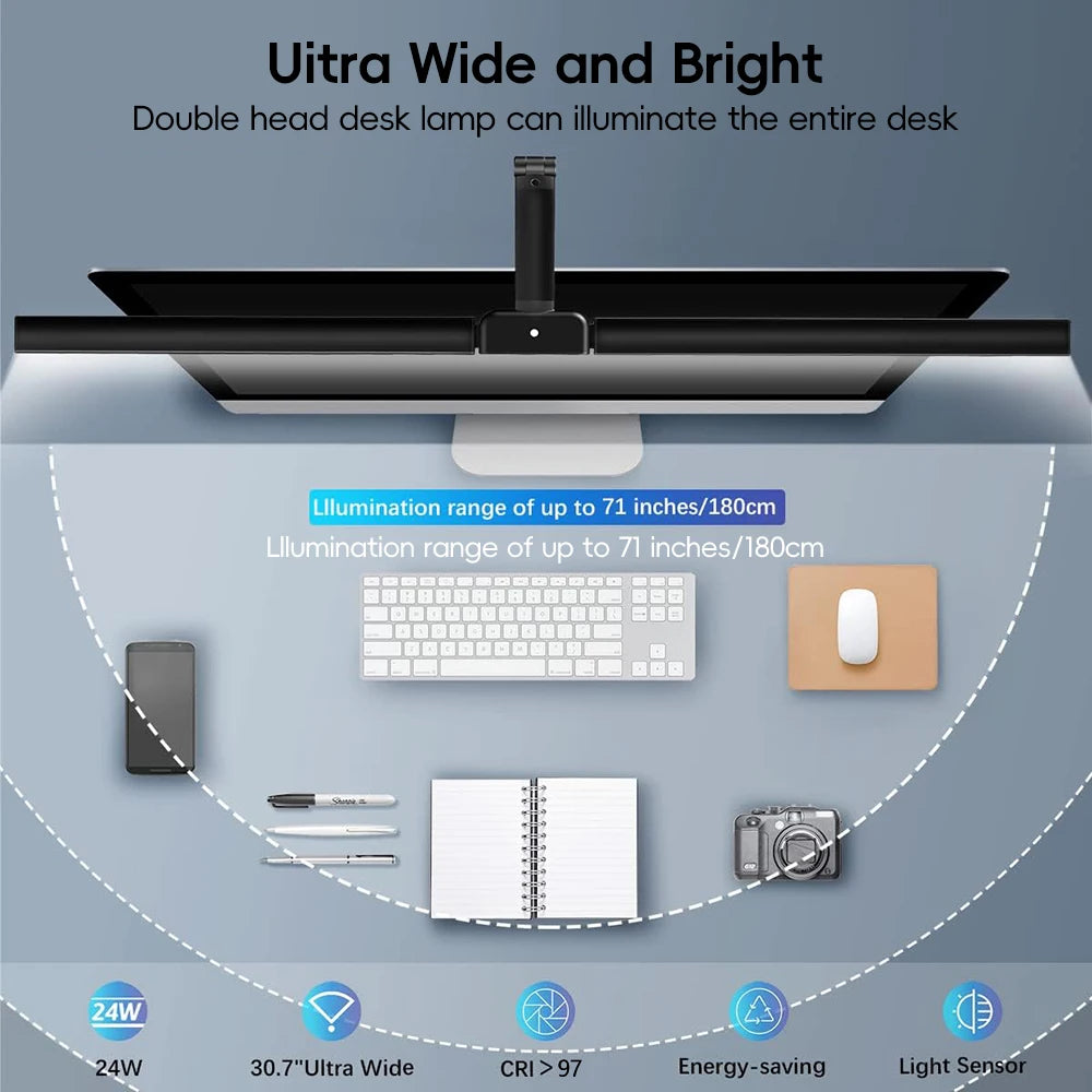 Home LED Eye-Care Reading Desk Lamp with Memory Timer Function 3200K-6500K Stepless Dimming 1800LM 2-Head PC Monitor Table Light Zpaxo