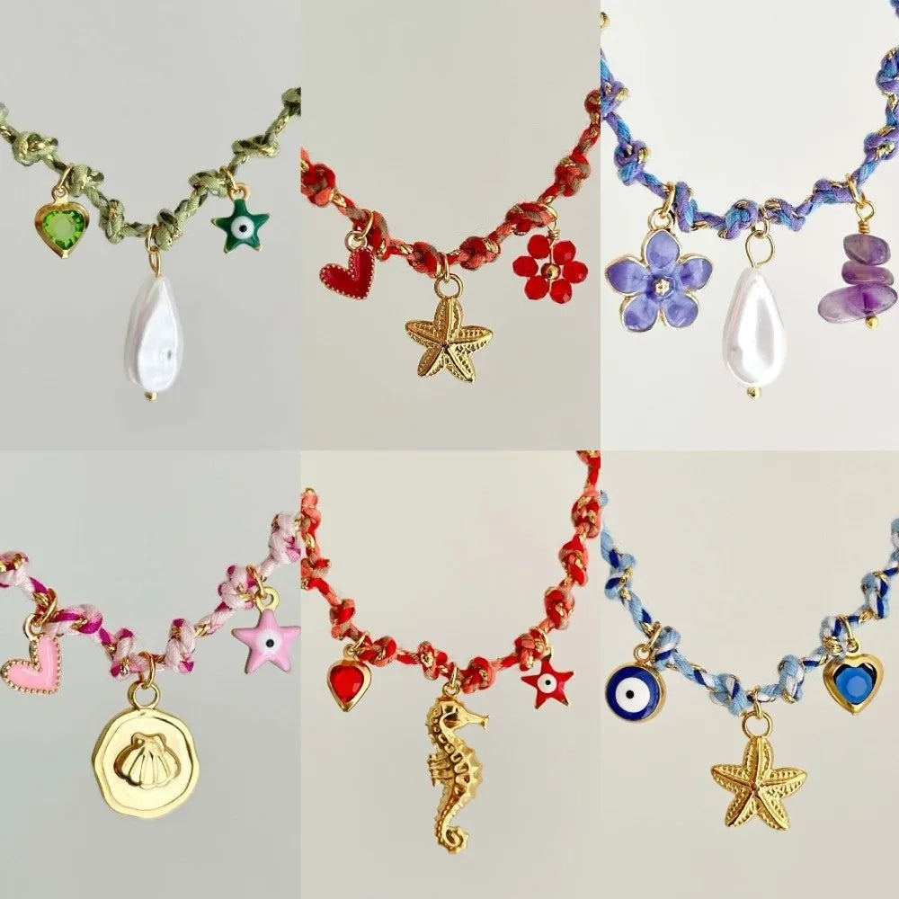 New Boho Knotting Rope Chain Necklace Starfish Sun Charm Pearl Pendant Necklace Turtle Clavicle Chain Beach Zpaxo