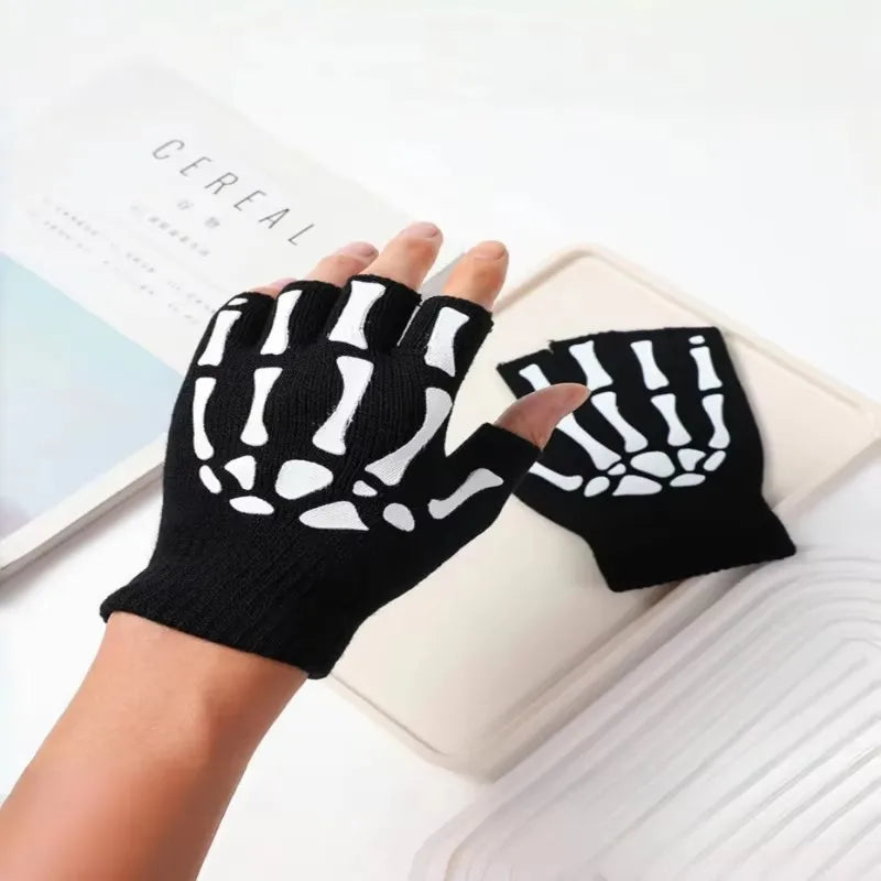 Luminous Skull Half Finger Gloves – Glow in the Dark Knit