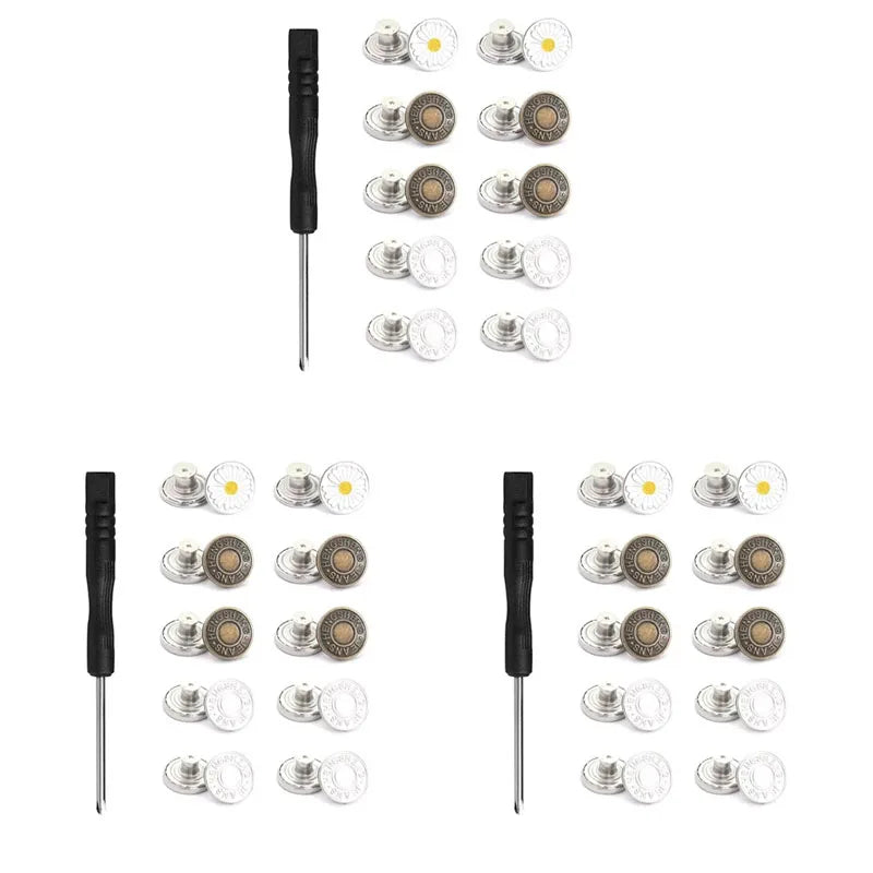 No-Sew Adjustable Metal Jean Buttons Replacement – 10 to 40 Pack