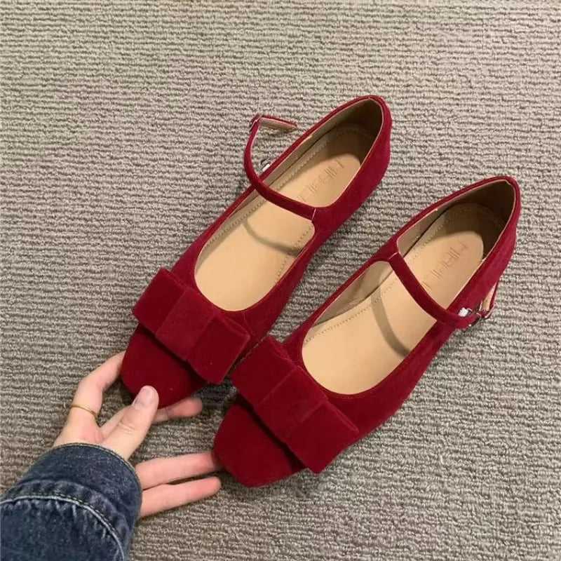 Flat Shoes for Women Spring Autumn 2025 New Velvet Mary Jane Shoes Bow Tie Square Toe Ballet Plus Size 43 44 Women's Shoes Zpaxo
