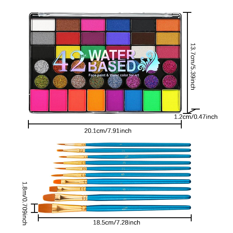 42 Color Face & Body Paint Palette Set,Water Soluble Long Lasting Safe Halloween Body Painting Pigments,Face Body Paint Makeup Zpaxo with brush