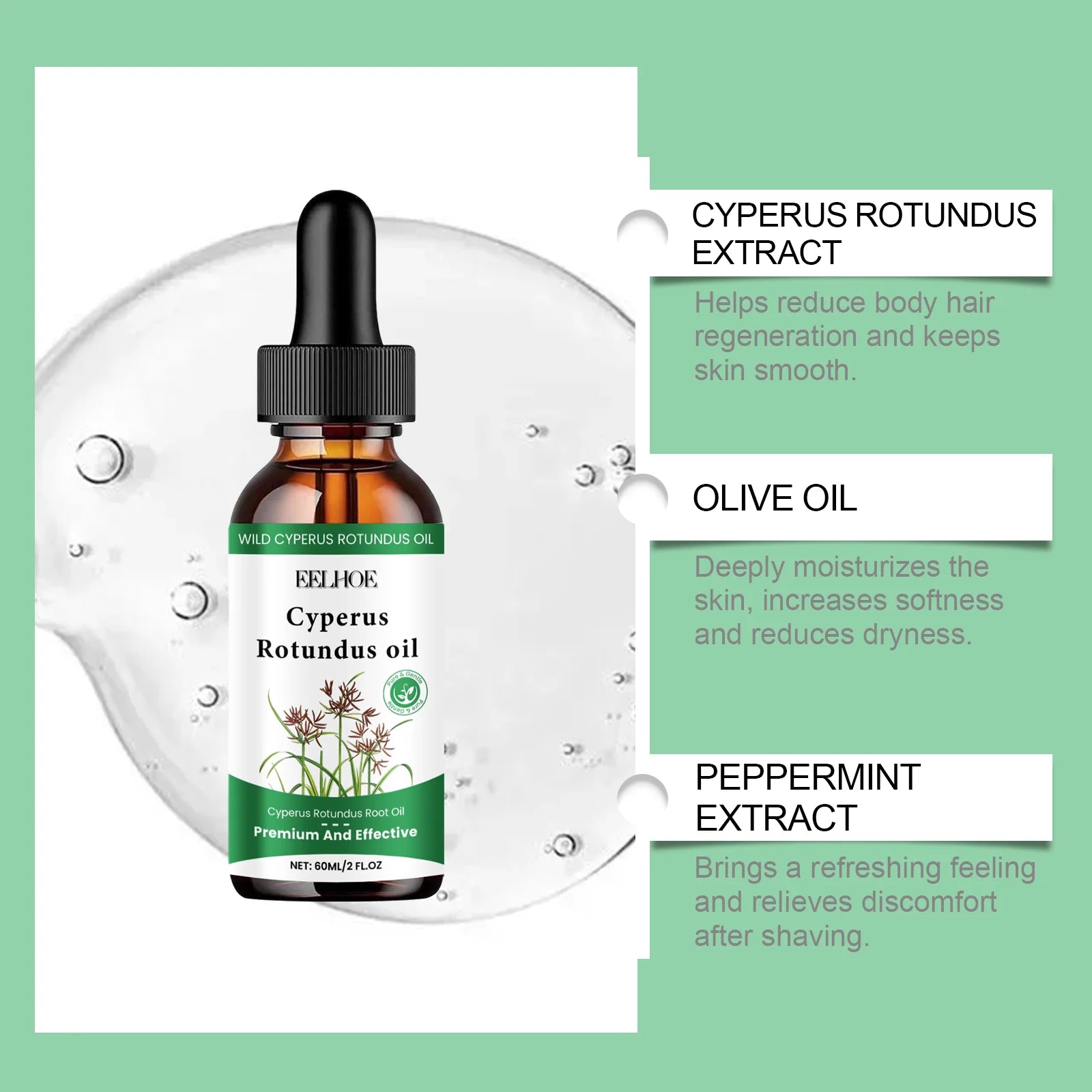 Eelhoe Cyperus Rotundus Hair Inhibitor Oil 60ml | Body Hair Serum Hair Inhibitor Serum Zpaxo