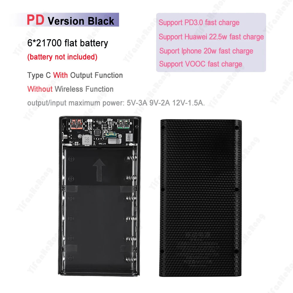 DIY Detachable Fast Charge Power Bank Wireless Charging Box LCD 6x21700 Battery 5W 10W 22.5W QC3.0 Zpaxo PD Black