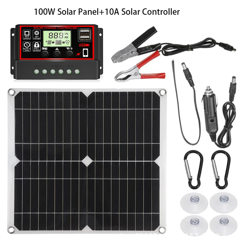 Solar Panel Set 100W Kit Controller Portable USB Generator System 12V 24V Electric Energy Power Charger Camping Board 10/20/30A Zpaxo with 10A controller