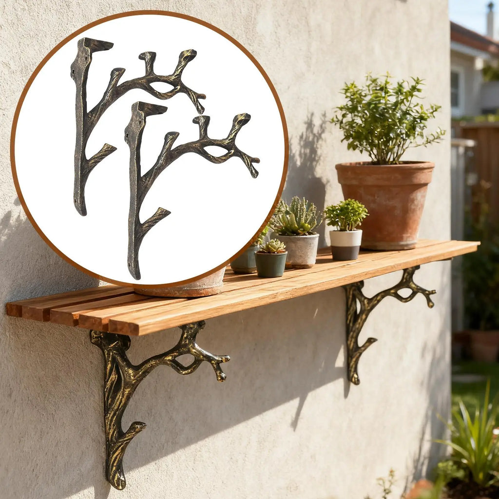 Floating Shelf Bracket Branch Wall Mounted Stand 2 Wood Shelves