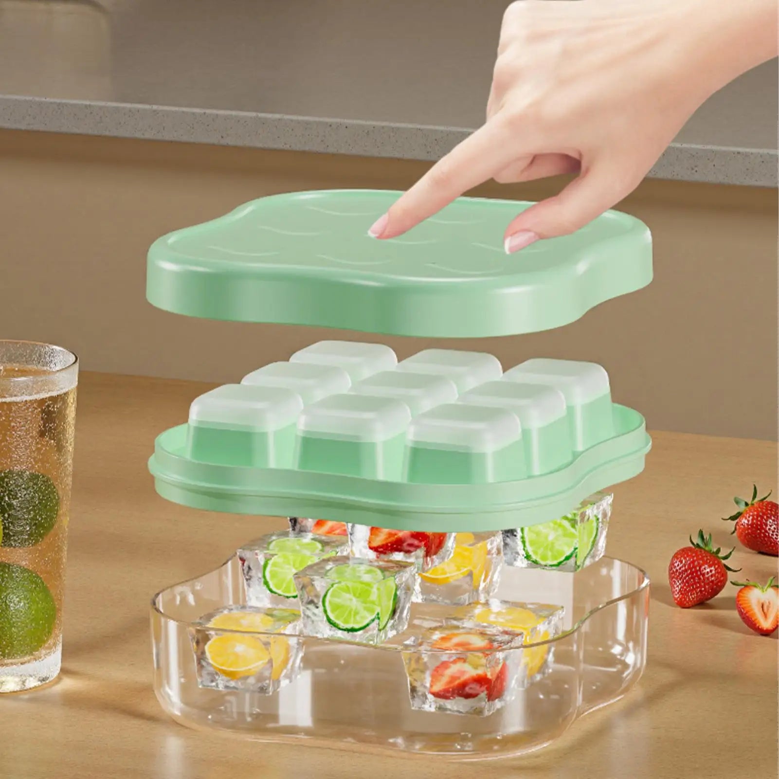 9-Grid Press Ice Cube Tray with Lid – Easy Release Freezer Mold Ice Cube Tray Zpaxo