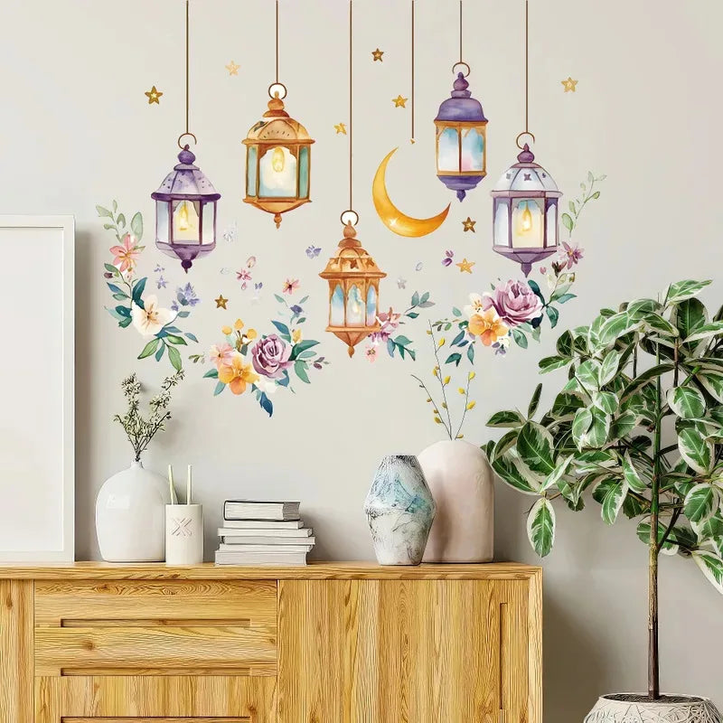 Eid Al Fitr Watercolor Plant Flower Star Moon Wall Stickers Ramadan