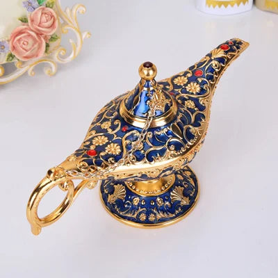1Pc Genie Magic Lamp Aladdin Decoration European Vintage Home Decoration Russian Wishing Lamp Metal Decoration Craft Souvenir Zpaxo Gold Blue-L