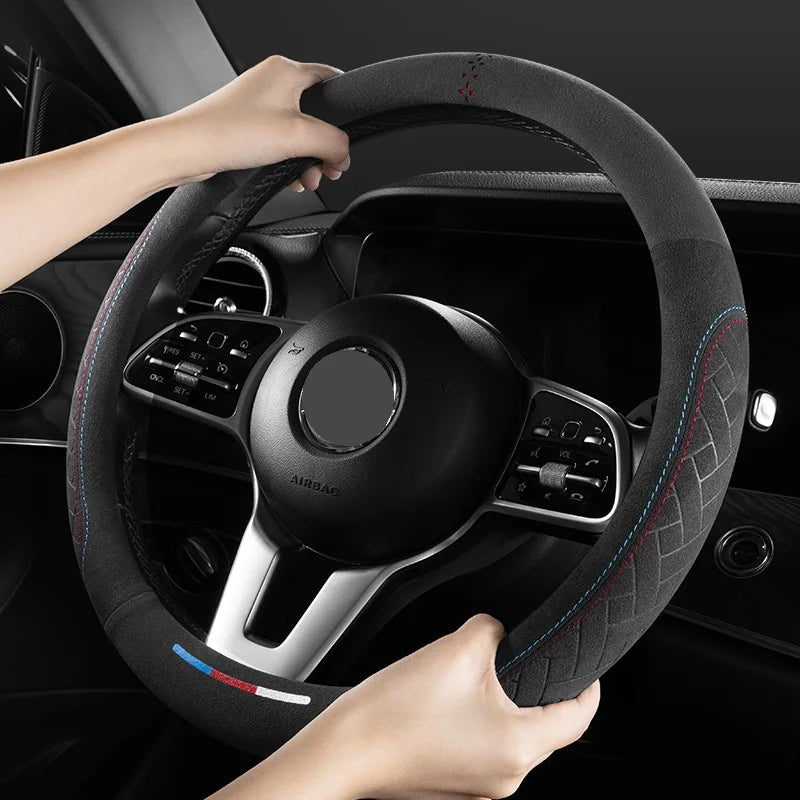 Car Steering Wheel Cover Embossed Anti Slip Plush Suede Sweat