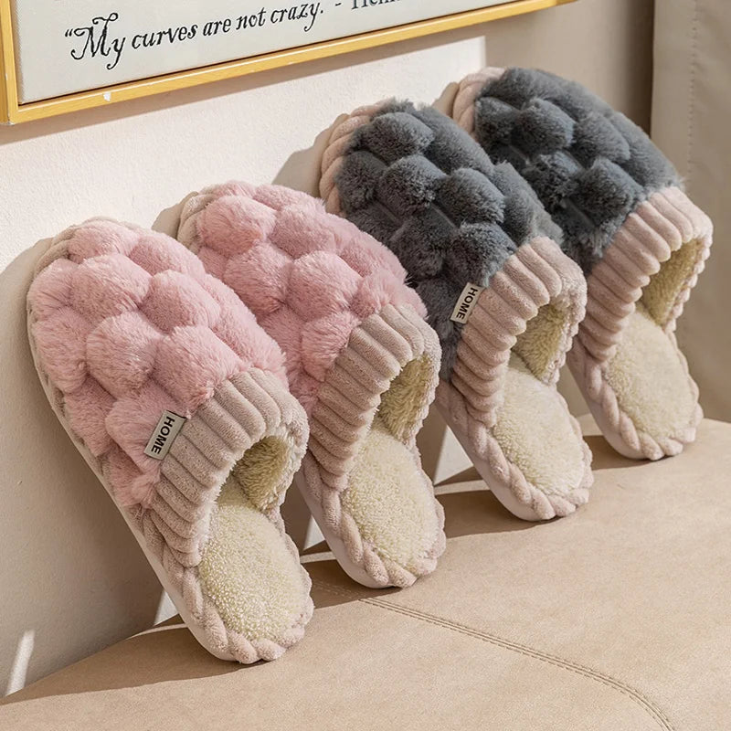 Fashion Couple Winter Toe Wrap Warm Plaid Cotton Slippers Thick Soft
