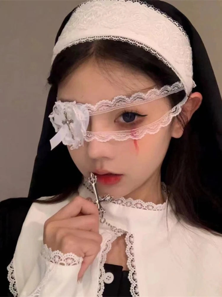 Sweet Edgy Black White Lace Bow Heart Cross Eye Mask Halloween Lolita