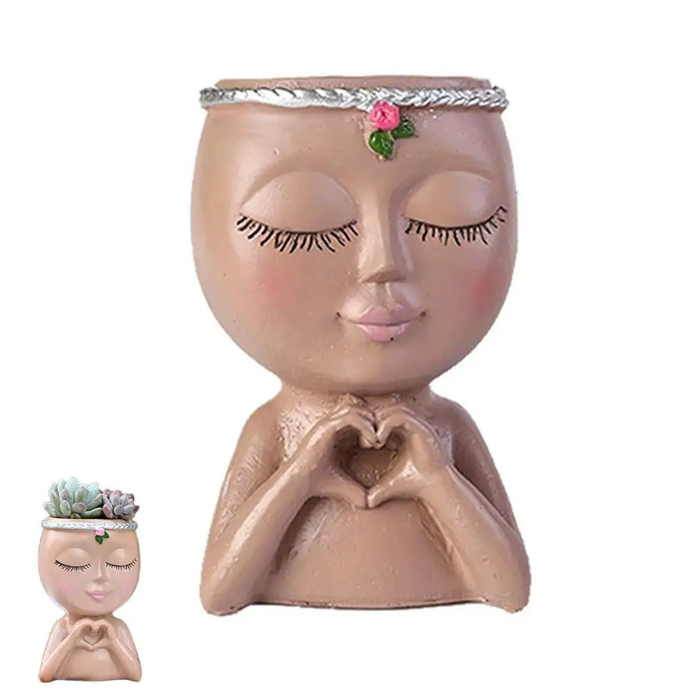 Resin Girl Face Planter with Drainage – Cute Succulent Pot Decorative Face Planter Zpaxo B