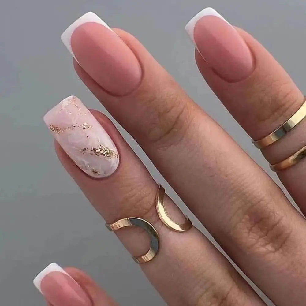 Short Ballerina French False Nails Abstract Leaf Graffiti Full Cover Zpaxo