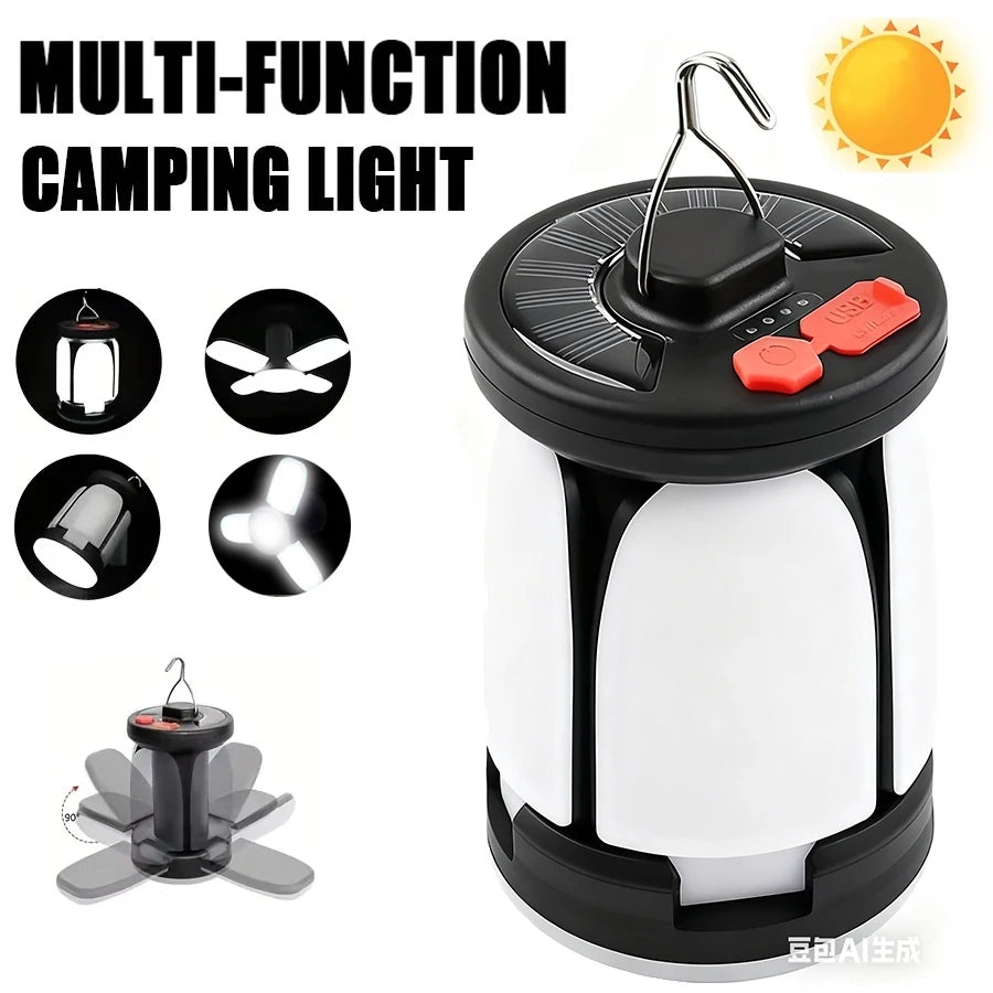 Solar LED Camping Lantern – 6-Mode Foldable Power Bank Light