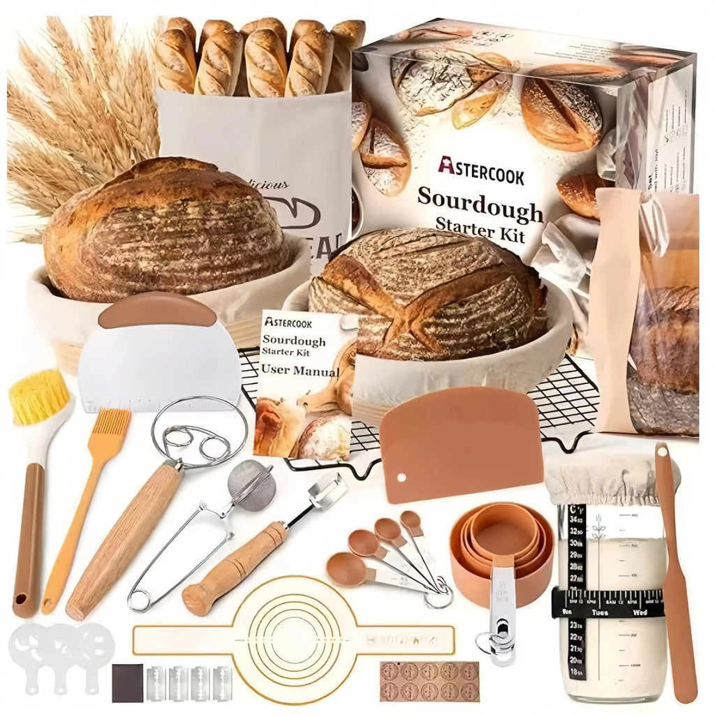 Complete Sourdough Starter Kit 2Pcs Round Banneton Baskets Dough Scoring Lame Silicone Baking Mat Measuring Spoons Bread Baking Zpaxo MBL00053