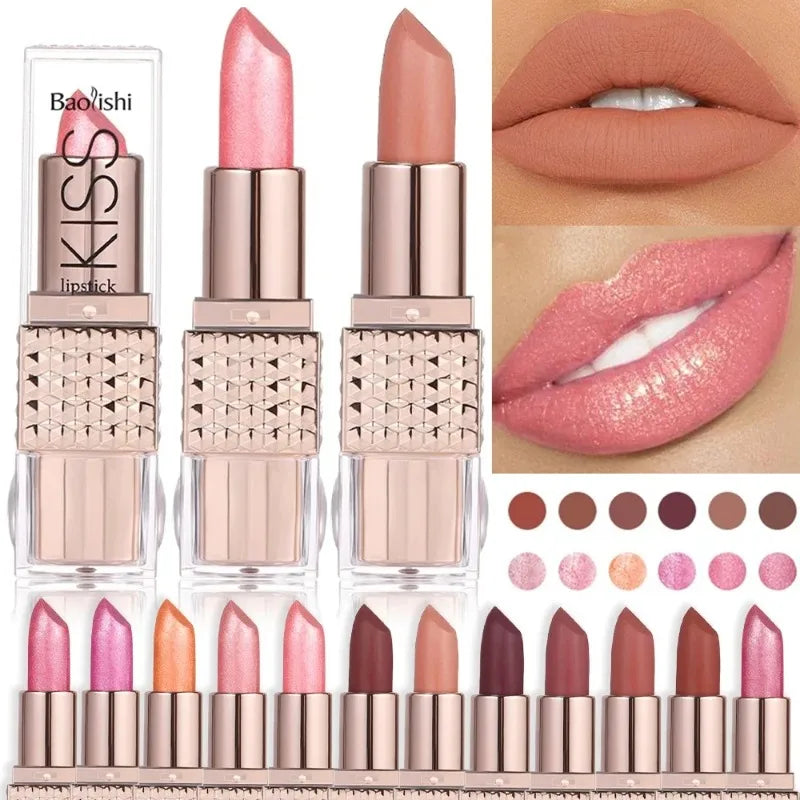 12 Colors Glitter Shiny Lipstick Waterproof Long Lasting Pearlescent