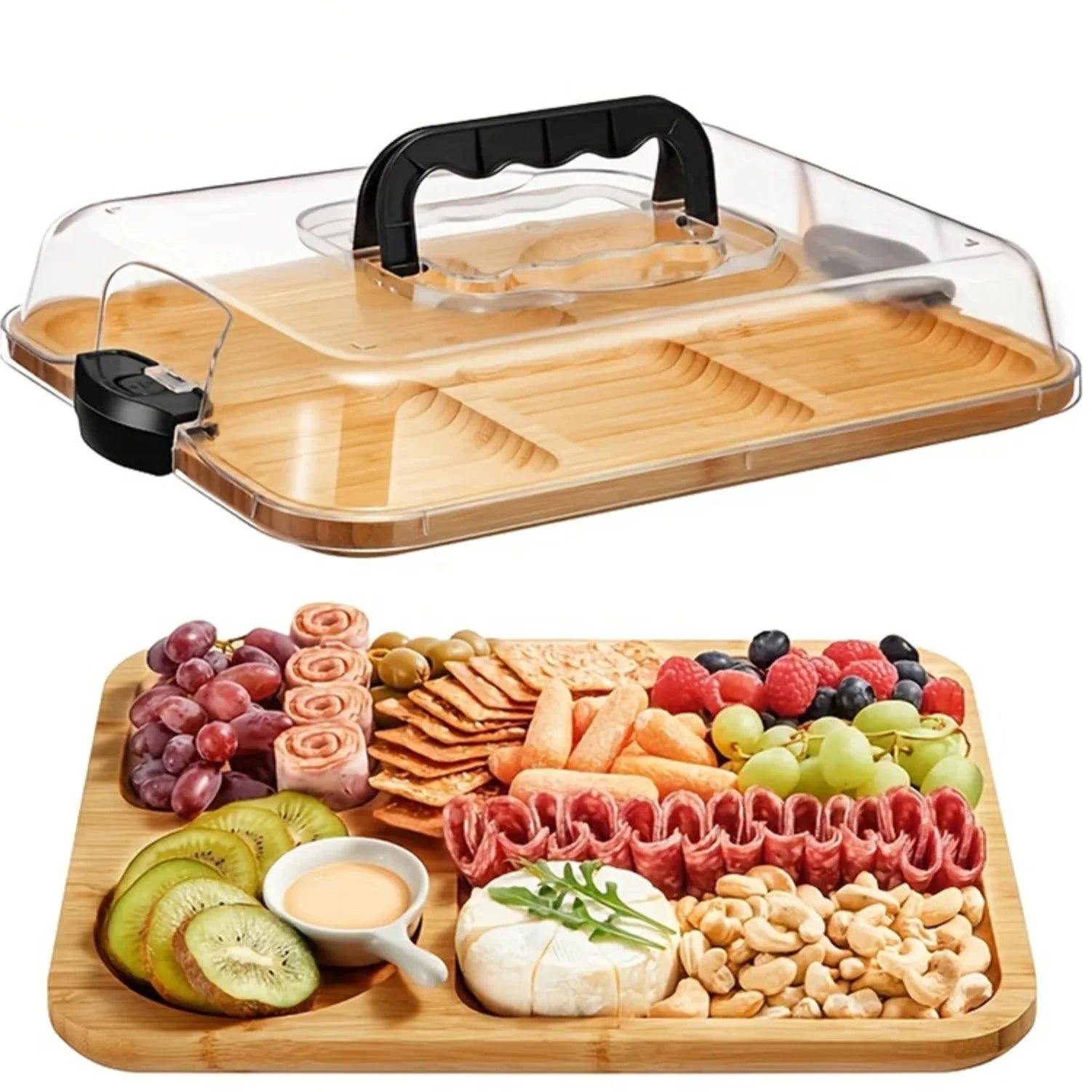 Bamboo Cheese Tray Secure Snap-On Acrylic Lid Portable Recycled Wood Serving Platter Camping Parties Restaurants Charcuterie Zpaxo