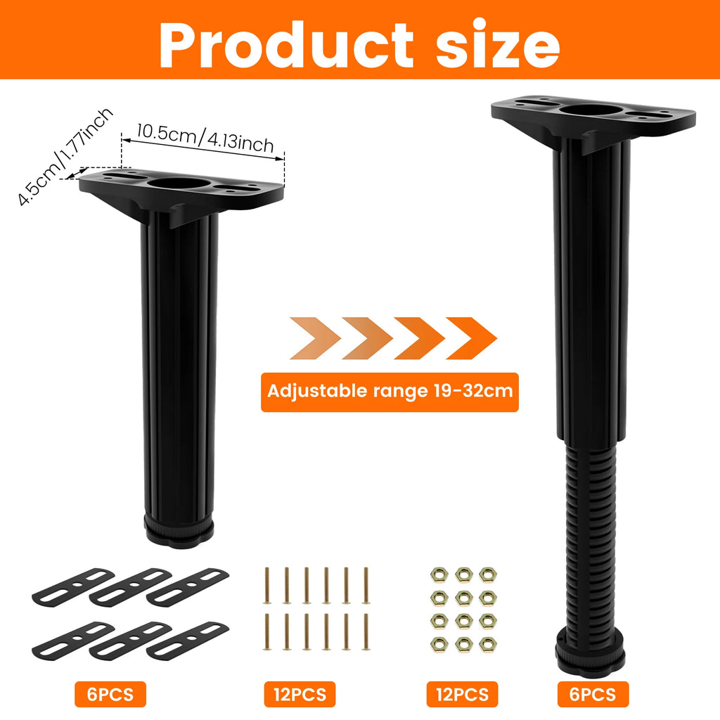 6/4pcs Bed Support Legs Adjustable Height 19-32cm Bed Frame Center Support Legs Metal Bed Replacement Legs for Bed Frame/Bed Ce Zpaxo