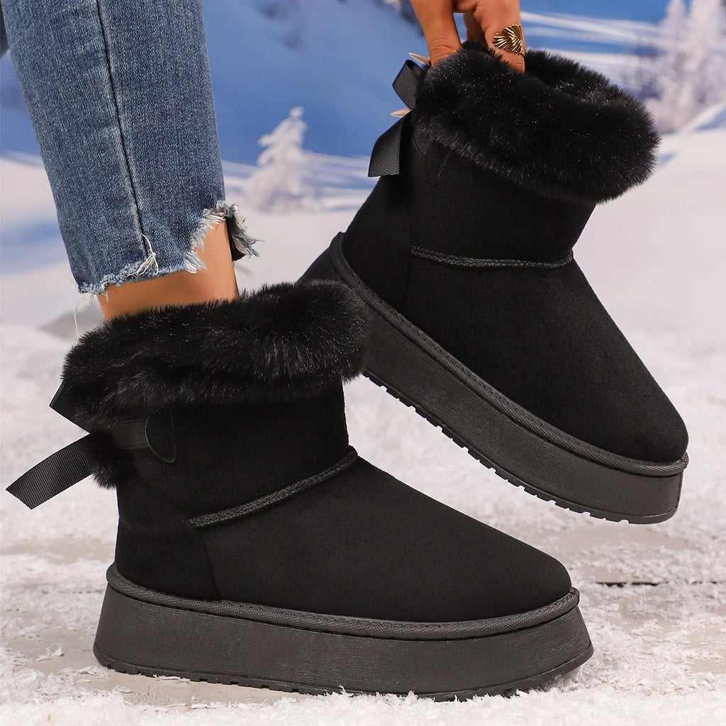 Fashionable Bow Round Toe Elegant Snow Boots Winter Flat Wear-resistant Comfortable Soft Students Plus Velvet Warm Women Shoes Zpaxo
