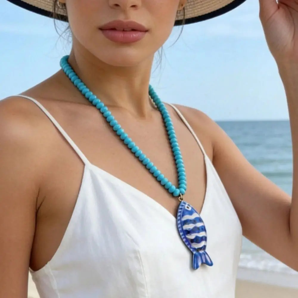 Fashion Colorful Fish Pendant Necklace Handmade Boho Beaded Chain Necklace Jewelry Gift Summer Beach Zpaxo