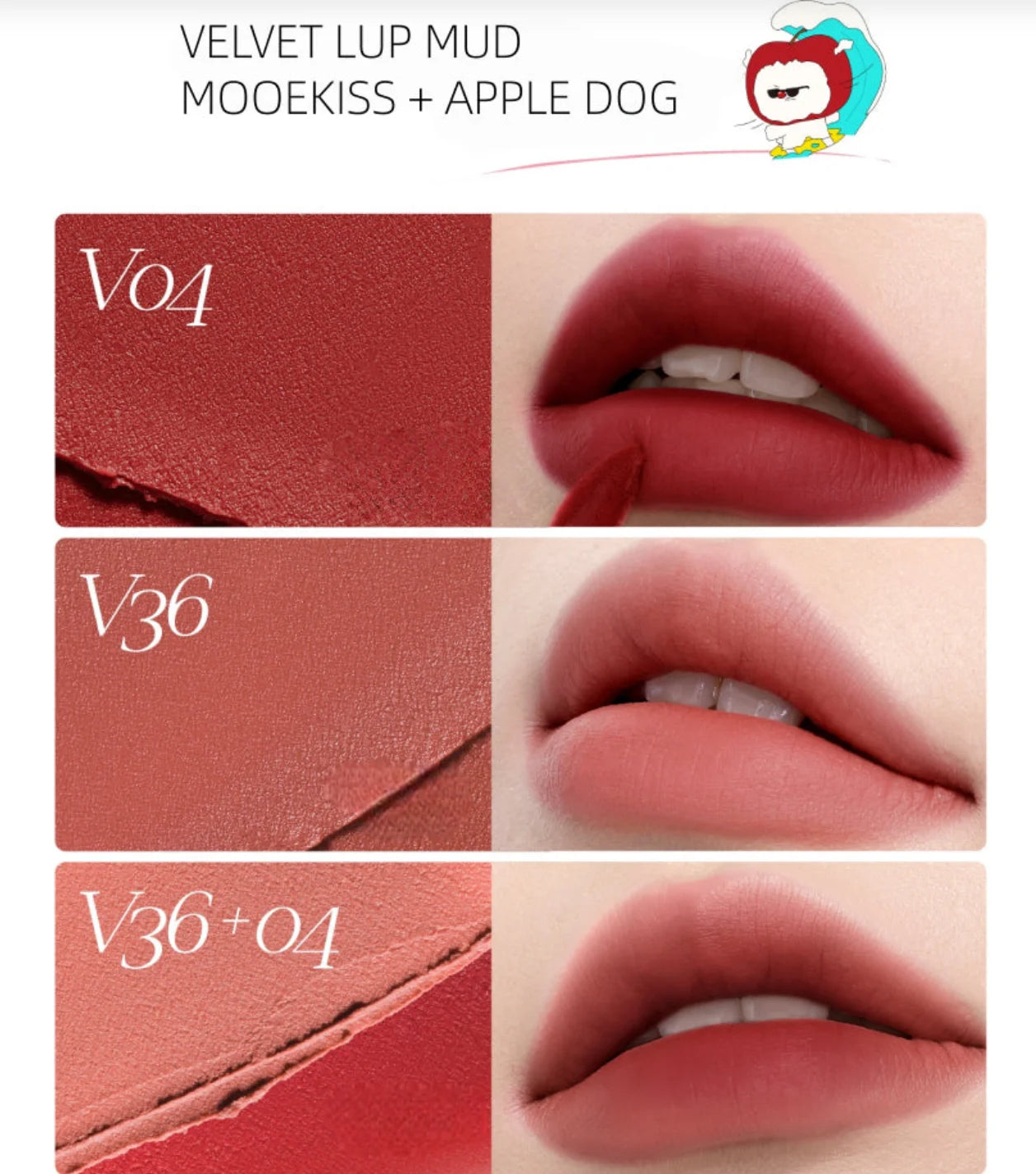 Mooekiss Apple Dog Velvet Lip Mud Matte Lipstick Smooth Long Lasting 3g Multi-use for lips and cheeks Authentic Makeup Original Zpaxo