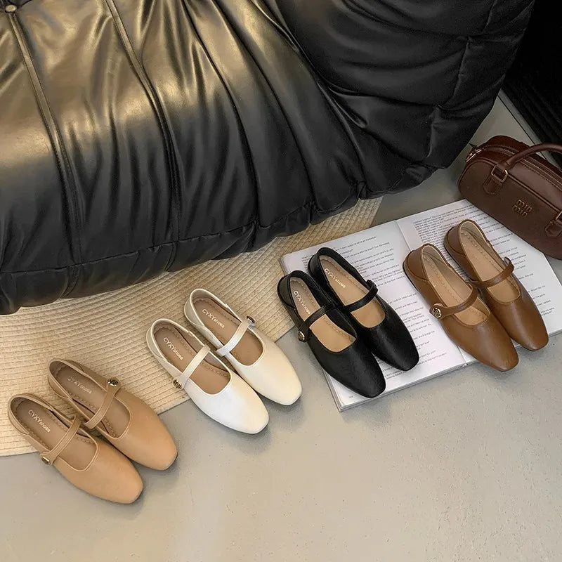 Woman Spring Casual Square Toe Low Soft Soled Lolita Flats Ballerina
