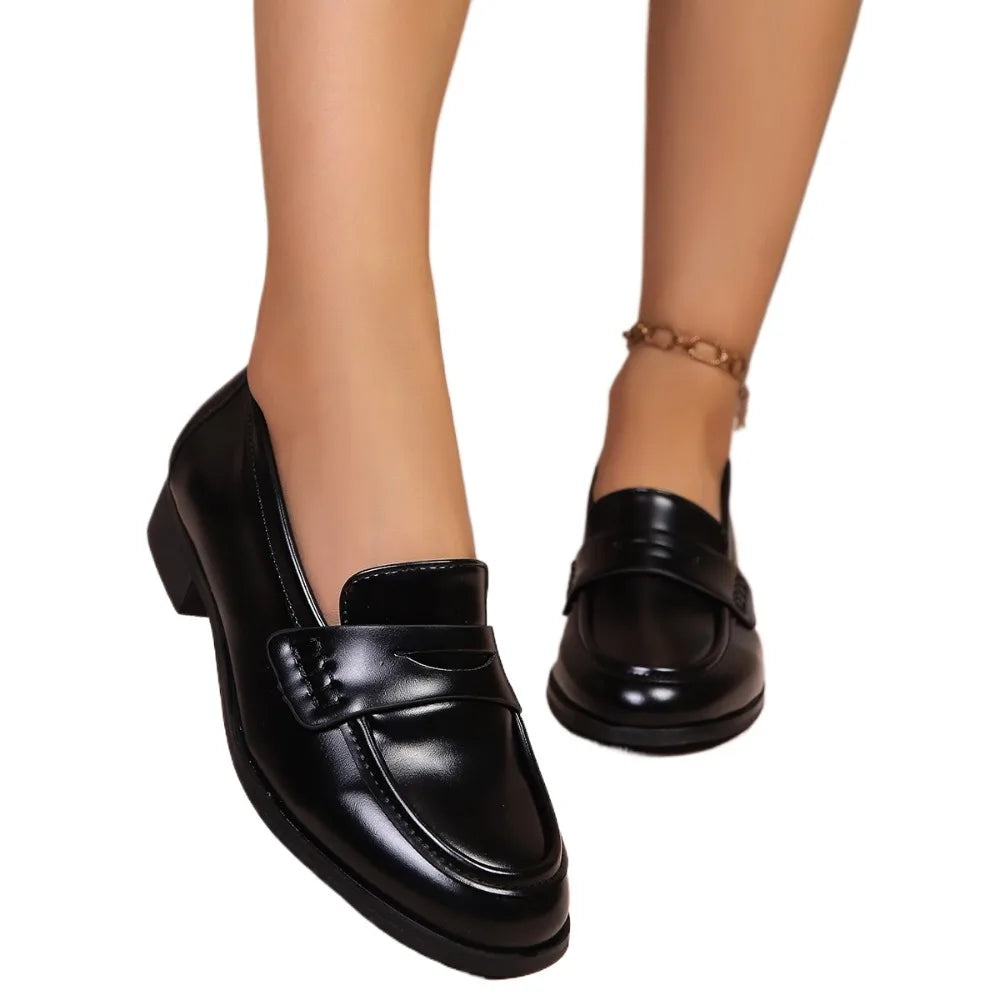 Elegant Black Pu Leather Flats Women 42 Comfortable Low Heel Loafers