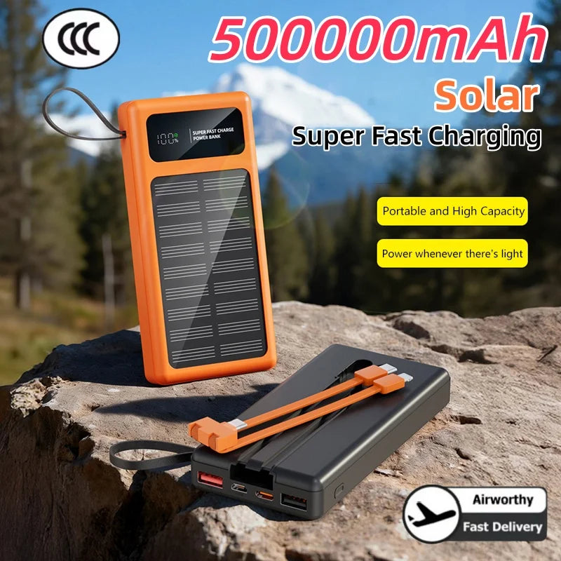 2026 New 500000mAh Solar PowerBank 120W Fast Charging Built-in 2 Cable PowerBank High Capacity Battery For iPhone Samsung Xiaomi Zpaxo